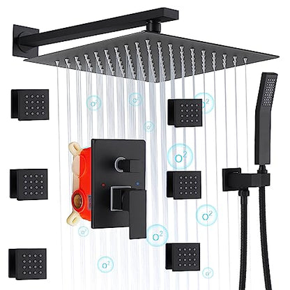 Shower System with 6 PCS Body Spray Jets 12 Inch Rain Shower Head Wall Mounted,Can Run All Together Contain Shower Faucet Rough-in Valve Body and Trim,Matte Black