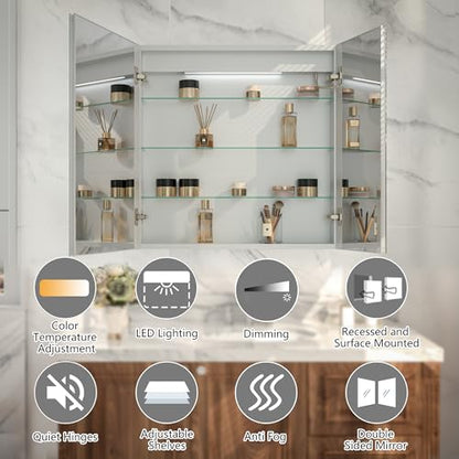 30x30" Wall-Mounted LED Bathroom Medicine Cabinet, Anti-Fog, 3 Color Temp | Surface-Mount/Recessed, Double-Sided Mirror Cabinet with DTC Silent-Close Hinges, Adjustable Tempered Glass Shelf - size: 30W x 30H Inch