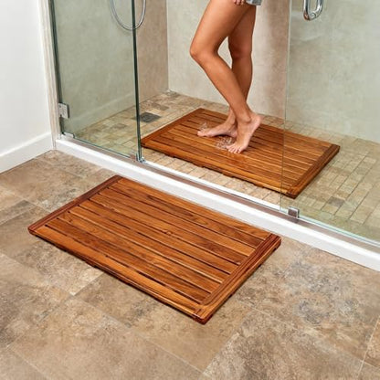 Utoplike Teak Bath Mat, Large Wood Shower Mats for Bathroom, 31.7 x17.9 in | with Non Slip Pads, Sturdy Solid Wooden, Floor Mat for Indoor Spa, Outdoor Inside Shower - size: 31.7" x 17.9" (Rectangular)