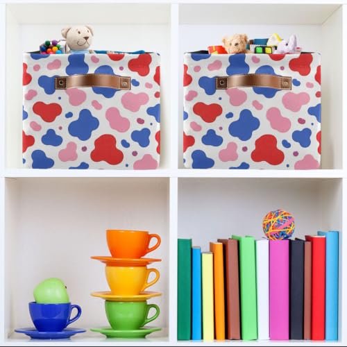 Red Pink Blue Cow Pattern Storage Baskets 1 Pack | Collapsible Open Home Storage Bin with Handle for Home Bedroom Cloth