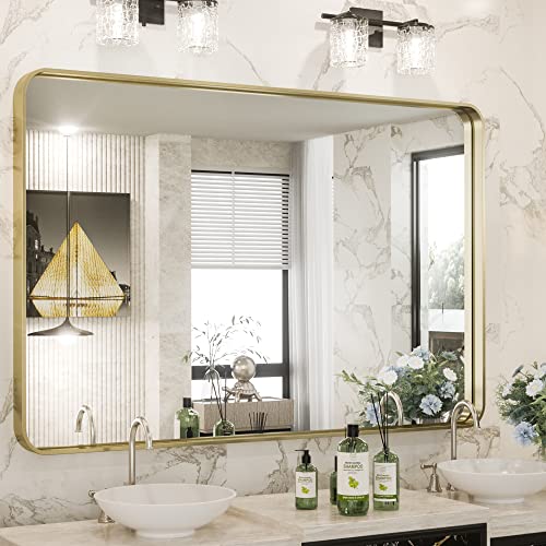 Gold Bathroom Mirror for Wall 40 x 30 Inch Rounded Corner Rectangle in Aluminum Alloy Metal Frame Deep Set Design Hangs Horizontal Or Vertical Farmhouse - color: Brushed Gold, size: 30"L x 40"W, style: Rectangle