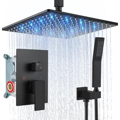 Aolemi Ceiling Shower Faucet Set with Handheld 12" LED Head Matte Black | Handheld Spray,12 Inch Rain LED Head,Shower Valve and Trim Kit,All Metal,Ceiling System,Bathroom Mixer - color: Black, size: 12 Inch LED Shower Head