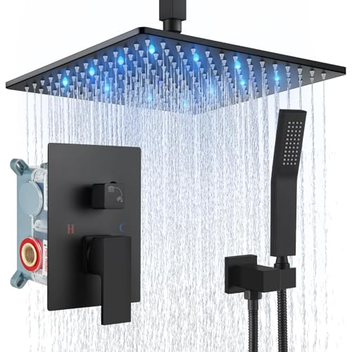 Aolemi Ceiling Shower Faucet Set with Handheld 12" LED Head Matte Black | Handheld Spray,12 Inch Rain LED Head,Shower Valve and Trim Kit,All Metal,Ceiling System,Bathroom Mixer - color: Black, size: 12 Inch LED Shower Head