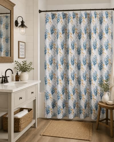 Serafina Home Hotel Quality Fabric Bathroom Shower Curtain: Floral Leaf Damask - Blue, Teal, Yellow, Grey and White (72 x 70 inches) - color: Laura