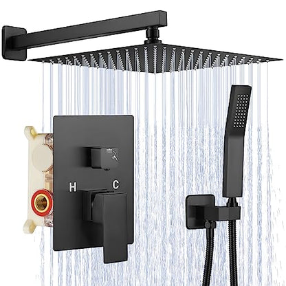 JOMEOO® 12 Inch Matte Black Shower System, Wall Mounted High Pressure Rain Shower Head with Handheld Sprayer, Bathroom Luxury Black Shower Head Shower Faucet Set Rough in Valve Body and Trim - color: Matte Black
