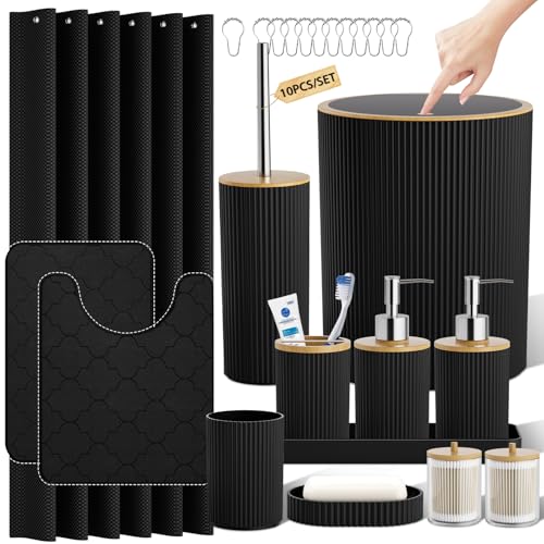 Black and Wooden Bathroom Accessories Set, 25PC Bathroom Accessory Sets, Bathroom Sets with Push Top Trash Can, Shower Curtain and Rugs, Toilet Brush, Trash Can & Soap Dispenser - color: Black & Wood, size: Bath Set&Shower Curtain&Bath Rugs