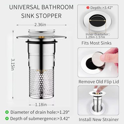 2 PCS 3-in-1 Bathroom Sink Drain Strainer Stopper，Stainless Steel Pop-up Strainer Basket Hair Catcher with Removable Basket, Brass Bullet Core, Universal Fit for Bathtubs, Showers & Floor Drains