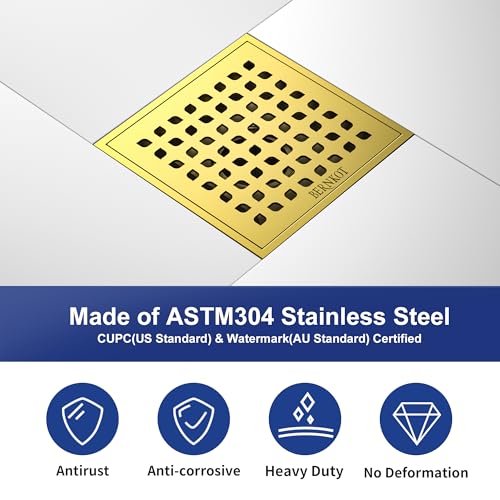 Square Shower Drain w/PVC Bonding Flange Base, 6" Gold | 304 Stainless Steel Drain w/ Drain Key for Low Profile Shower Tiles, CUPC Certified - color: Polished Gold6"