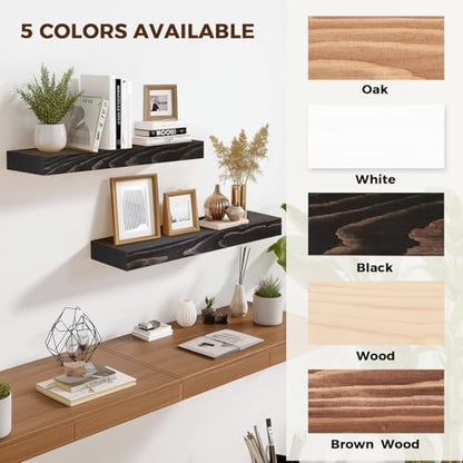 Solid Wood Floating Shelves, 17 Inch Wall Shelves, Set of 2, Black | 8 Inch Deep, 1.6 Inch Thick, Extra-Wide Display Space, Mounting Hardware Included, For Kitchen, Bathroom and Living Room - color: Black, size: 17x8x1.6