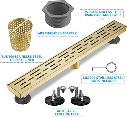 Linear Shower Drain, Brushed Gold Shower Drain 32 Inch with Removable Grate, SUS-304 Stainless Steel Rectangle Floor Drain with Leveling Feet and Hair Strainer, Bathroom Modern Drain SD-101 - color: Brushed Gold, size: 32 Inch