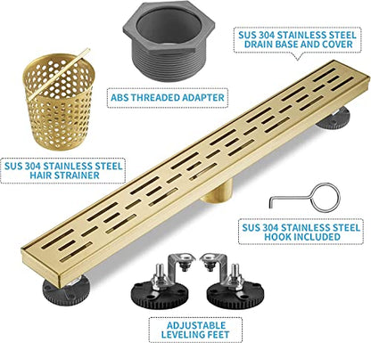 Linear Shower Drain, Brushed Gold Shower Drain 32 Inch with Removable Grate, SUS-304 Stainless Steel Rectangle Floor Drain with Leveling Feet and Hair Strainer, Bathroom Modern Drain SD-101 - color: Brushed Gold, size: 32 Inch