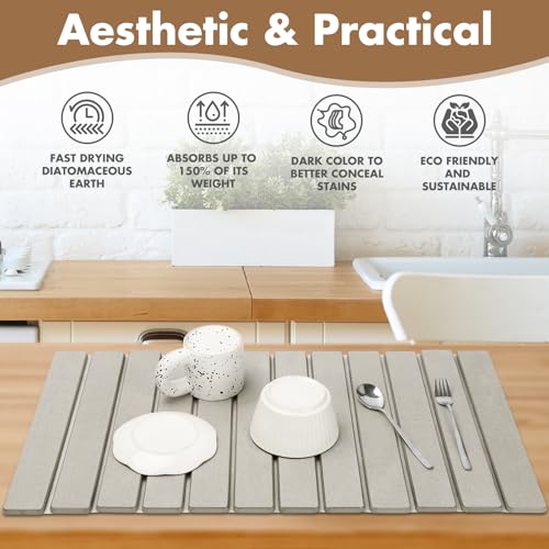 Extra Large Stone Dish Drying Mat for Kitchen Counter, 28"×16" Eco-friendly,Instant Drying Pad,Diatomaceous Earth Water Absorbing Mat, Foldable and Super Absorbent Dish Drying Stone Mat, Warm Gray - color: Warm Gray