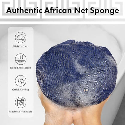 Bathway African Net Sponge Authentic (Set of 2), Exfoliating Body Scrubber | Exfoliating Net Sponge, Bath Sponge, Effective Exfoliation, Quick Dry, Blue & Black - color: Blue & Black