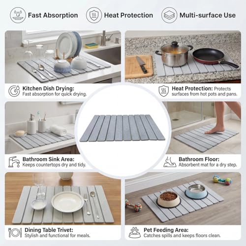 Collapsible Stone Dish Drying Mat for Kitchen Counter - 24" x 16" Diatomaceous Earth Mat, Super Absorbent & Quick Dry, Include Anti-Slip Pad & Sanding Tool, Grey