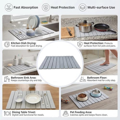 Collapsible Stone Dish Drying Mat for Kitchen Counter - 24" x 16" Diatomaceous Earth Mat, Super Absorbent & Quick Dry, Include Anti-Slip Pad & Sanding Tool, Grey