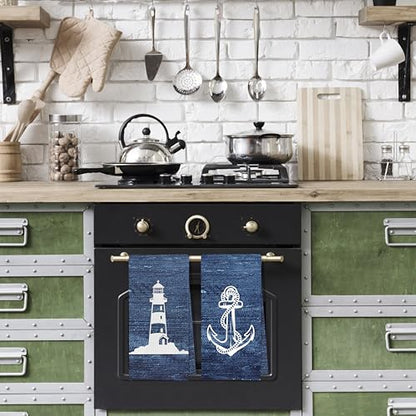Navy Nautical Dish Towels Set - Navy Nautical Waffle Weave Kitchen Towels, Navy Blue Ocean Themed Hand Tea Towels, Coastal Bathroom Decor (16×24 Inches Set of 4) - color: Nautical D