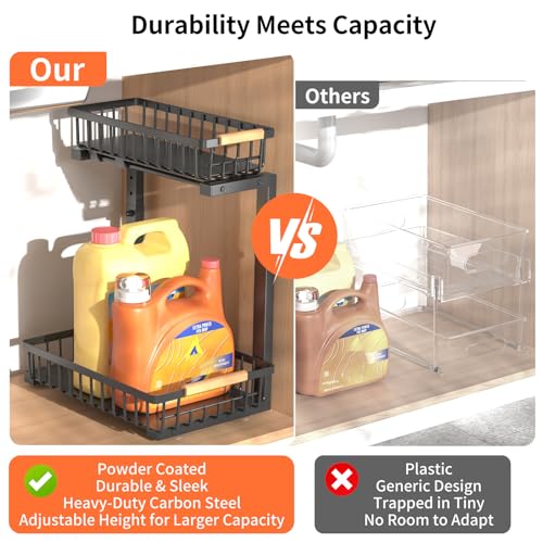 Under Sink Organizer, Under Sink Organizers and Storage, 2-Tier Pull Out Under Cabinet Organizer Storage Shelf, Metal Frame, Height Adjustable Rack for Bathroom Kitchen Pantry - style: Black, 1-Pack