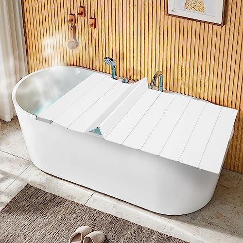 63x32in Bath Lid Cover Bathtub Tray, Foldable Bathtub Cover Bath Insulation Cover, PVC Dustproof Shutter Bath Lid fit Most Tubs, Can Hold Wine Glass, Books, Tablets, Cellphones - color: White, size: 63x31.5in