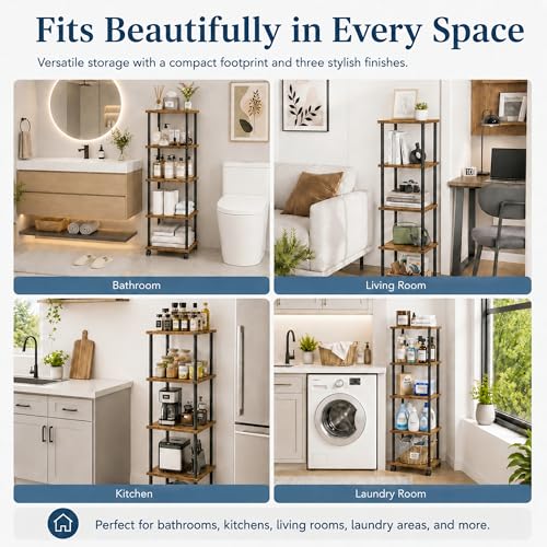 5-Tier 50.4" Tall Rustic Brown Bathroom Shelving Unit with Wheels | Wood Finish, Metal Frame, Rolling Narrow Open Shelf Design, for Laundry Room, Kitchen, Living Spaces, Easy to Move - color: Rustic Brown, size: 5-Tier