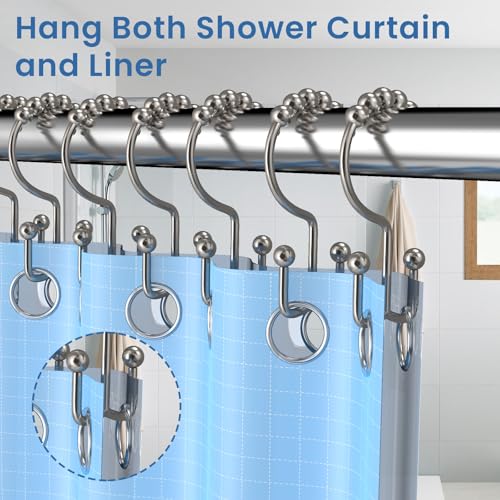 Brushed Nickel Shower Curtain Hooks Double Sided with Roller Balls | for Bathroom Rods, for Shower Curtain and Liner, Smooth Gliding, Rustproof Metal, Set of 12 Hooks - color: Nickel