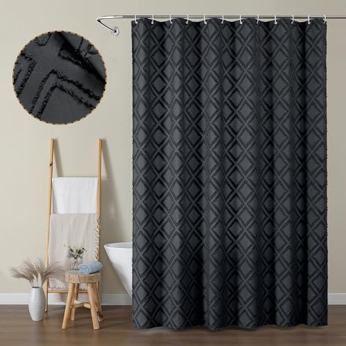 Extra Long 96 Inch Black Shower Curtains, Boho Fabric Shower Curtain Grommet Top With 12 Hooks, Elegant Modern Jacquard Geometric Design Textured Shower Curtain for Bathroom, Black, 72"W x 96"L - color: Black, size: 72"W x 96"L (Pack of 1)