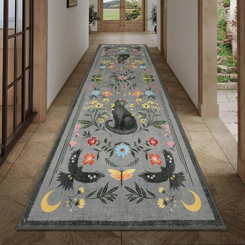 GarveeHome 2.5x8 Cat Washable Runner Rug for Hallway, Soft Grey Long Kitchen Runner Non Slip Mushroom Insect Entryway Rug Floral Laundry Mat Stain Resistant Carpet for Bathroom Beside Rug - color: Grey, size: 2'6" x 8' (Rectangular)
