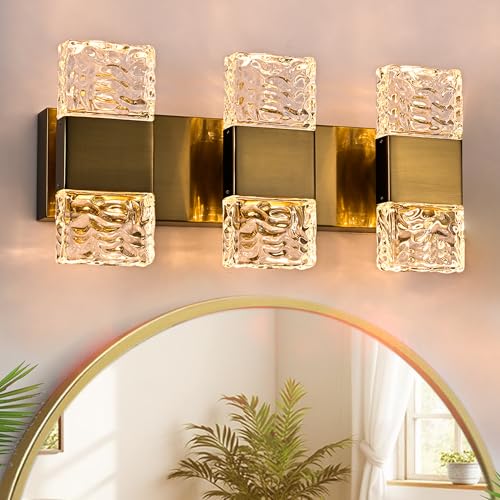 MELUCEE 3-Light Modern LED Vanity Light Bar with Crystal Column Brass 24W | LED Bathroom Vanity Light Bathroom Lights Over Mirror Crystal Wall Sconce Restroom Lighting Fixtures, 3000K Warm Lighting - color: Brass, size: 3 Lights