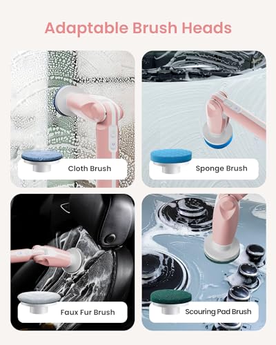 Leebein Electric Spin Scrubber, Shower Scrubber with 4 Adjustable Angles and 8 Brush Heads, Electric Scrubber with Long Handle & Remote Controller, Cleaning Brush for Bathroom, Tub, Floor (Pink)