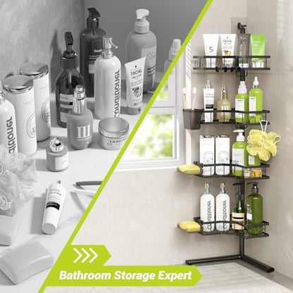 Standing Corner Shower Caddy - 4-Tier Rustproof Adjustable Shower Shelves | No Drill Floor Standing Shower Organizer, for Tall Shampoo, Conditioner, Fits Renters, Apartments, Bathtubs & Walk-in Showers