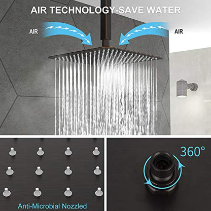 SunCleanse Rainfall Shower System with High Pressure in Oil Rubbed Bronze | Ceiling mounted shower combo set featuring a 10" square rain head, handheld spray, and rough-in mixer valve with trim. - color: Oil Rubbed Bronze, style: 10-ceiling