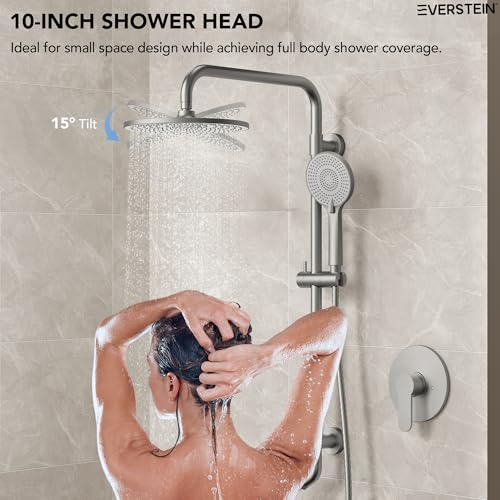 10 Inch High Pressure Rainfall Shower System with Slide Bar, Wall Mount Bathroom Round Shower Faucet Set with Valve, Brushed Nickel - color: Brushed Nickel