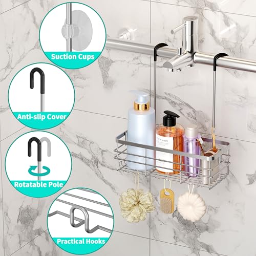 HapiRm Hanging Shower Caddy Organizer - No Drilling Shower Organizer with Hooks, Rustproof & Waterproof 304 Stainless Steel Bathroom Shelves - Silver (1 Basket) - color: Silver-1 Basket