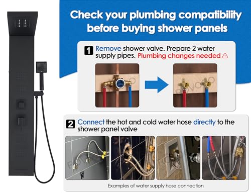 ROVOGO Shower Panel Tower System with Led Lights and 5 Shower Modes, 46.5" | Rainfall Waterfall Shower Head, 4 Body Jets, Handheld & Tub Spout, Stainless Steel Shower Column w/ Brass Valve, Matte Black - color: Black-4 jets