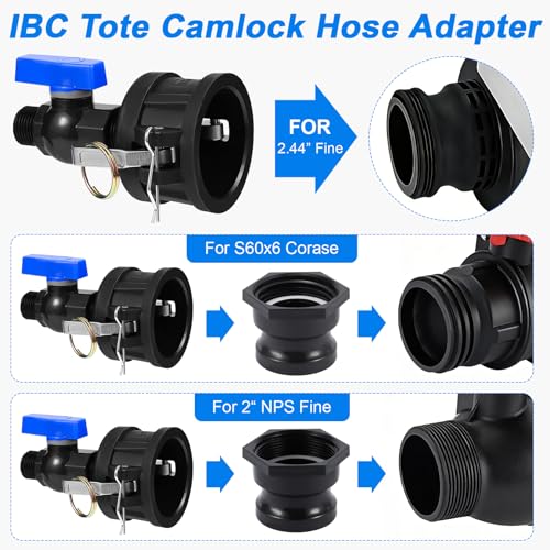 275-330 Gallon IBC Tote Hose Adapter, 2" Camlock Adapter, 2 "Fine, and 2" Coarse Thread,3/4" GHT PVC Faucet Garden Hose Connector