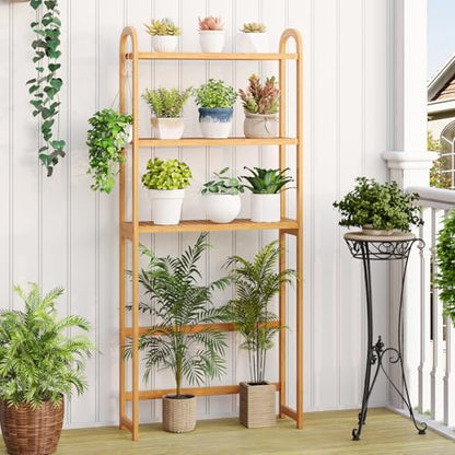 Tangkula 3-Tier Over the Toilet Storage Rack, Bamboo Bathroom Stand Organizer with 5-Position Shelves, 3 Hooks, Adjustable Bottom Bar, Freestanding Space Saver Toilet Shelf for Laundry Room (Natural)