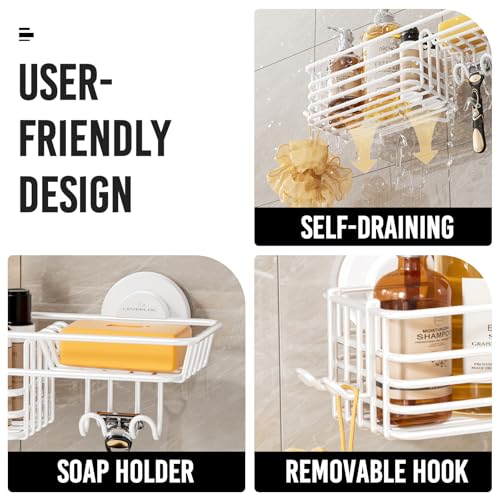 Shower Caddy Suction Cup, 2 Pack Shelves for Inside with Hooks | White Shower Basket, Rustproof Meatl Bathroom Holder, Soap Holder, NO-Drilling Bathroom Organizer - color: 2 X White Basket