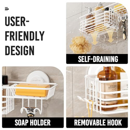 Shower Caddy Suction Cup, 2 Pack Shelves for Inside with Hooks | White Shower Basket, Rustproof Meatl Bathroom Holder, Soap Holder, NO-Drilling Bathroom Organizer - color: 2 X White Basket