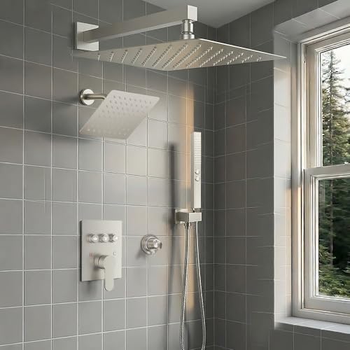 Shower Faucet Set, Wall Mount 12" Rain Shower System with Handheld and 6" Rainfall Shower Head, Can Use 2 Modes Together for Two People, 3 Way Shower Valve with 5 Diverter Complete,Brushed Nickel - color: Brushed Nickel, size: 6+12 inch-09