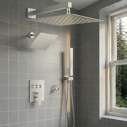 Shower Faucet Set, Wall Mount 12" Rain Shower System with Handheld and 6" Rainfall Shower Head, Can Use 2 Modes Together for Two People, 3 Way Shower Valve with 5 Diverter Complete,Brushed Nickel - color: Brushed Nickel, size: 6+12 inch-09