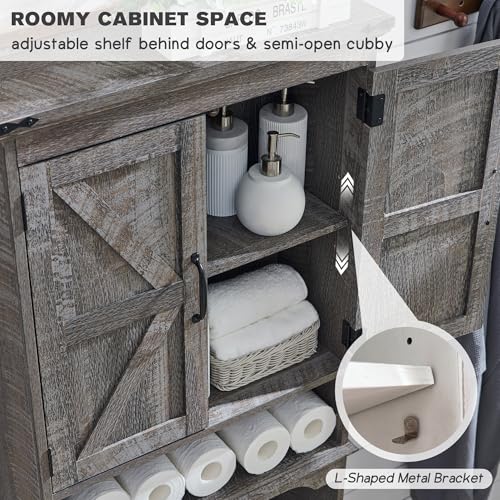 67" Farmhouse Over The Toilet Storage Bathroom Cabinet, Grey Wash | Double Barn Doors, Adjustable Shelf, Open Cubby, Weathered Finish - color: Grey Wash