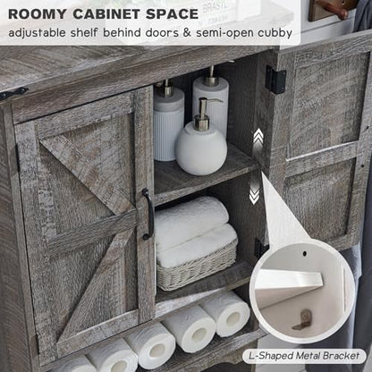 67" Farmhouse Over The Toilet Storage Bathroom Cabinet, Grey Wash | Double Barn Doors, Adjustable Shelf, Open Cubby, Weathered Finish - color: Grey Wash