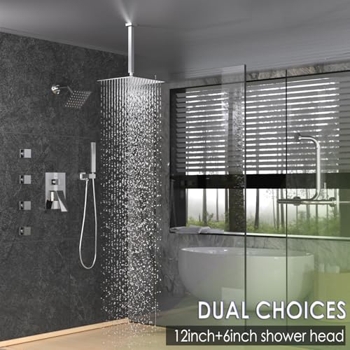 Enga Dual Shower Head Shower System with Body Jets, 12" Ceiling Mounted Rain Shower Head & 6" Wall Mounted Head Full Body Rainfall Shower Faucet with Valve Kit, Chrome - color: Chrome, style: Ceiling-12"+6"+Jets