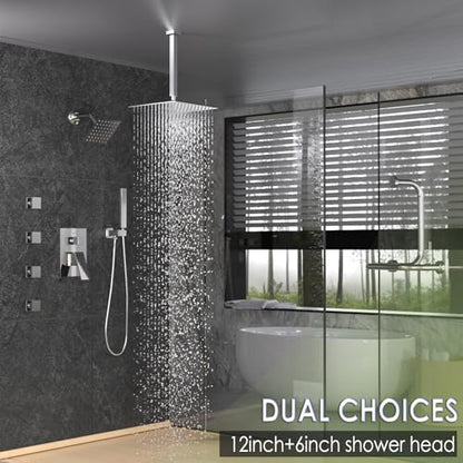 Enga Dual Shower Head Shower System with Body Jets, 12" Ceiling Mounted Rain Shower Head & 6" Wall Mounted Head Full Body Rainfall Shower Faucet with Valve Kit, Chrome - color: Chrome, style: Ceiling-12"+6"+Jets