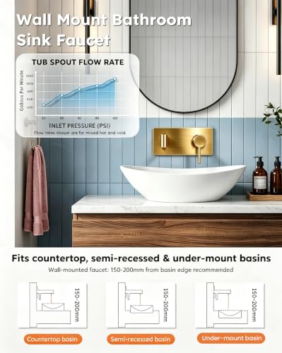 Wall Mount Bathroom Faucet, Single Handle Bathroom Sink Faucet | Gold Single Handle Wall Bathroom Vanity Faucet, Long Spout, Rough-in Brass Valve, Basin Faucet for Vessel Sink Lavatory
