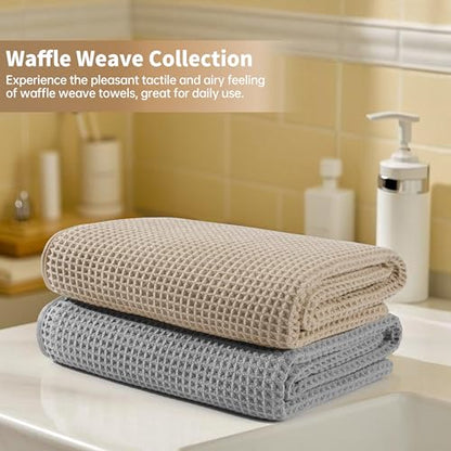 MICROFI New Microfiber Waffle Bath Towels, 2 Pieces, Soft, Absorbent, Fast Drying, Lint Free 430 GSM (30''x60''/76cm x 152cm) - color: Beige+silver