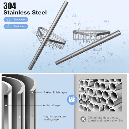 Basket G silver Fits Corner Shower Caddy Tension Pole Only: 1 Pack Stainless Steel Waterproof Bathroom Storage Basket - Large Size 7.68" D x 12.4" W x 3" H