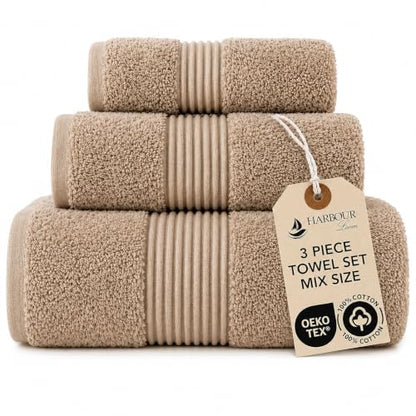Towel Set for Bathroom, 3 Piece Turkish Cotton Bath Hand and Wash Towels | Mixed size set in Taupe Quartz, 600 gram weight. Double stitched hems suit family and guest use. - color: Taupe Quartz
