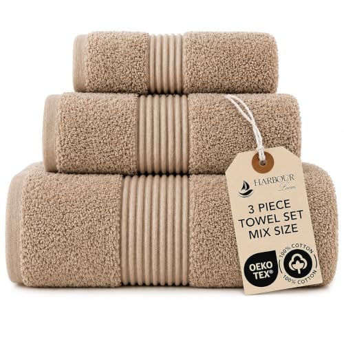 Towel Set for Bathroom, 3 Piece Turkish Cotton Bath Hand and Wash Towels | Mixed size set in Taupe Quartz, 600 gram weight. Double stitched hems suit family and guest use. - color: Taupe Quartz