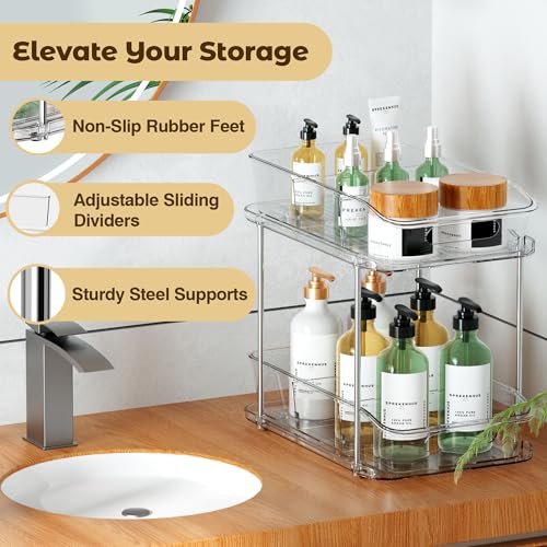 Incostar 2 Tier Pull-Out Organizer for Bathroom Kitchen, Under Sink Storage with Dividers, Ideal for Cabinet, Cupboard Organization, Slide-Out Clear Storage, 2 Pack - style: 2 Pack 2Tier