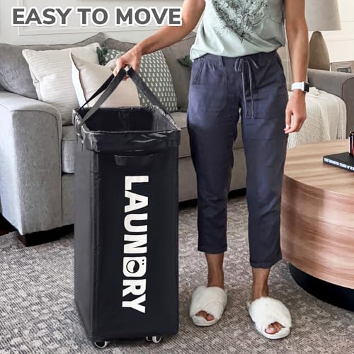 CHICVITA 75L Slim Rolling Laundry Basket with Wheels & Wash Bag, Black | Carry handle for easy moving to laundry room. Removable wash bag, slim design fits tight spaces - color: Black, size: 75L (15.7"L x 11.8"W x 24.8"H)
